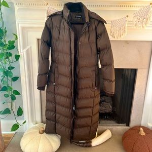Floor Length Brown Puff Jacket with Hood